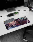 Anime girl mouse pad 28x12 inches featuring sharp-eyed girl on a bike, black waves, brown coat, red tie.