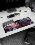 32x12 inches anime girl mouse pad featuring sharp-eyed biker girl in long brown coat and red tie at sunset.