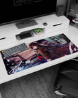 Anime girl leaning on bike desk pad 36x16 inches, black wavy hair, brown coat, red tie, skyline.