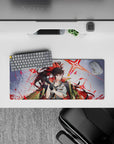 Neon scarlet starbursts on cool gray anime girl mouse pad 28x12 inches, bold edgy vibe and smooth glide.