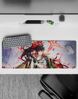 32x12 inches anime girl desk mat in gray and neon scarlet, edgy attitude, glossy black gloves, fast glide.