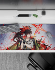36x16 inches anime girl desk pad in cool gray with neon scarlet bursts, bold attitude, and smooth glide.