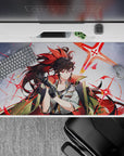 40x20 inches anime desk pad in cool gray with neon scarlet starbursts, bold attitude and sleek glide.