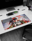 Fierce anime girl snapping on black gloves, smirking, flame-streak ponytail on 32x16 inches mouse pad.