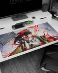 Smirking anime girl snapping black gloves, red-flamed ponytail, white shirt and cape desk pad 40x20 inches.
