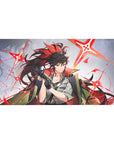 Anime girl desk pad 40x20 inches with smirking fighter, glossy gloves, ponytail flames, gray backdrop.