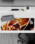 Anime mouse pad 32x12 inches featuring Kyojuro Rengoku from Demon Slayer, vibrant flames and Mugen Train backdrop.