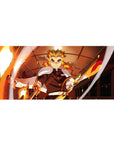 Anime mouse pad 36x16 inches featuring Kyojuro Rengoku from Demon Slayer, flames and Mugen Train in the background.