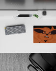 Anime mouse pad 14x10 inches in warm orange fox tones with dramatic black eye shadows, intense vibe.