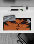 28x12 inches anime mouse pad in warm orange fox tones with dramatic black shadows, intense vibe.