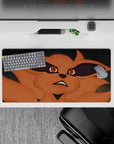 32x16 inches anime mouse pad in warm orange fox tones with dramatic black shadows, sly chaotic vibe.
