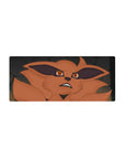 28x12 inches anime mouse pad with Kurama fox grin, bold shadows, and stone-gray backdrop.