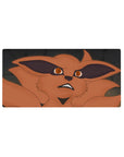 32x16 inches anime mouse pad with Kurama fox face, bold black eye shadows, and stone-gray backdrop.
