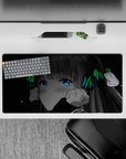 Cyber cozy 32x16 inches anime mouse pad in neon green, electric blue eyes, and starry black night vibe.
