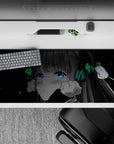 Cyber cozy 36x16 inches anime desk pad in silver-gray, electric blue, and neon green glow accents.