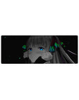 Anime girl mouse pad 32x12 inches with wide-eyed character, silver-gray hair, neon bows, space backdrop.