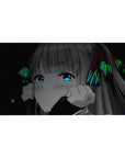 Anime girl desk pad 40x20 inches with shy wide-eyed character, silver hair, bows, and starry black background.