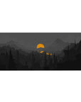 Mouse pad featuring moody mountain landscape, 36x16 inches, with silhouetted pines, deep grays, and a glowing orange sun for a quiet, atmospheric effect.