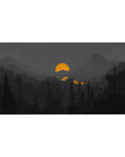 Mouse pad featuring moody mountain landscape, 40x20 inches, with silhouetted pines, deep grays, and a glowing orange sun for a dramatic, atmospheric look.