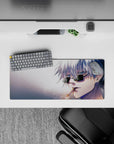 28x12 inches mouse pad showcasing Satoru Gojo’s powerful yet laid-back aura, perfect for any fan of Jujutsu Kaisen.