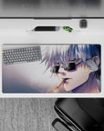 32x16 inches mouse pad showcasing Satoru Gojo’s cool and powerful presence with sunglasses and a lit cigarette, perfect for fans.
