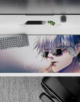 36x16 inches desk pad showcasing Satoru Gojo’s effortless cool, with his signature sunglasses and a lit cigarette from Jujutsu Kaisen.