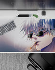 40x20 inches desk pad showcasing Satoru Gojo, effortlessly cool with sunglasses and a cigarette, perfect for fans of Jujutsu Kaisen.
