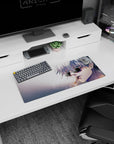 Jujutsu Kaisen mouse pad, 28x12 inches, with Satoru Gojo’s calm presence, featuring his sunglasses and lit cigarette.