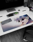 Artistic 36x16 inches desk pad with Satoru Gojo, exuding a calm and collected aura with his sunglasses and cigarette from Jujutsu Kaisen.
