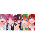 36x16 inches anime girl desk pad with five glossy blue-eyed girls lined up in a cute chorus pose.