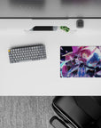 Classic anime girl mouse pad 14x10 inches in neon purples and icy blues, stardust swirl, flirty edgy vibe.