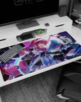 Pink-haired anime girl in yellow glasses with blue-haired partner in tiny top hat desk pad 40x20 inches.