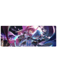 Anime girl mouse pad 32x12 inches with duo, pink hair and blue hair, neon stardust ribbons, blade pose.