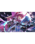 Anime girl desk pad 40x20 inches with pink and blue duo, neon ribbons, spark petals, and glowing blade.