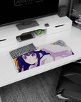 28x12 inches mouse pad showing a long-haired girl tugging her cap in a white hoodie, caught-you-staring look.