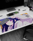Cheeky anime girl desk pad 40x20 inches, tugging her cap with pouty caught-you-staring look.