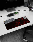 Crimson Veil Abstract mouse pad, 28x12 inches, showcasing tangled deep red and black patterns, perfect for adding unforgettable style to your workspace.