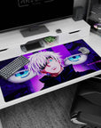 Premium 40x20 inch desk pad with Satoru Gojo's striking design, perfect for adding strength to any workspace