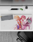 Soft pink anime girl mouse pad 32x16 inches in cozy white space with peach and crimson tones, bittersweet vibe.