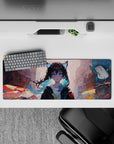 32x12 inches anime girl desk mat in sunset pastels, teal tips, warm oranges and cool blues, dreamy mood.
