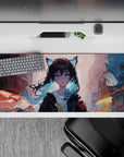 36x16 inches anime desk pad in sunset pastels—warm oranges and cool blues, dreamy alley vibe, smooth glide.