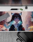 Pastel sunset anime desk pad 40x20 inches in warm oranges and cool blues, dreamy alley vibe, smooth glide.