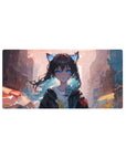 Anime girl mouse pad 32x16 inches with cat-ear cutie, blue eyes, messy black hair, pastel city backdrop.