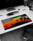 Modern 32x16 inches mouse pad showcasing a sunset lake landscape with deep oranges and greens for a bold, artistic contrast as the sun sets.
