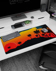Artistic 36x16 inches mouse pad featuring a sunset lake landscape with deep oranges and greens for a retro-futuristic look and tranquil atmosphere.