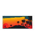 Mouse pad featuring a sunset lake landscape, 28x12 inches, with deep oranges and greens for a stunning contrast and tranquil workspace atmosphere.