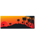 Compact 32x12 inches mouse pad with a sunset lake landscape, featuring deep oranges and greens for a tranquil and retro-futuristic aesthetic.