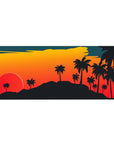 Mouse pad featuring a sunset lake landscape, 36x16 inches, with deep oranges and greens creating a stunning contrast for a retro-futuristic vibe.