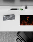 Small-sized 14x10 mouse pad with shadowy fiery figure and glowing eyes for dark mysterious aesthetics