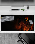 Glowing eyes and fiery figure on 32x16 mouse pad for fans of dark mysterious tension and power